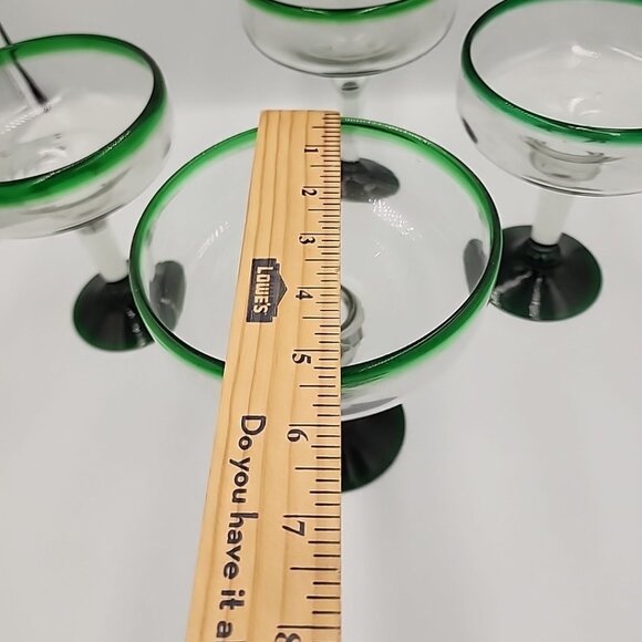 Vintage Mexican Hand Blown Margarita Glasses X 4 Green Rim 6.5” Tall - Picture 4 of 5